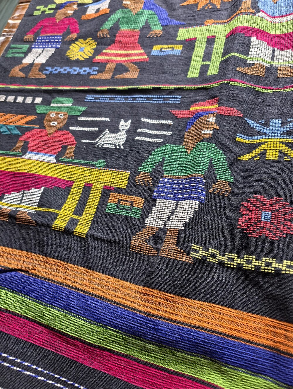 Handwoven Folk Scene Textile Panel Bright Multicolor. Guatemalan. Ethnic. 34×64